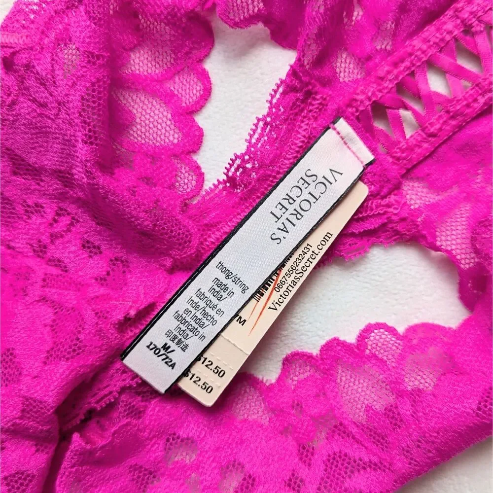 Victoria's Secret The Lacie Lace-up Thong Panties M New Hot Pink